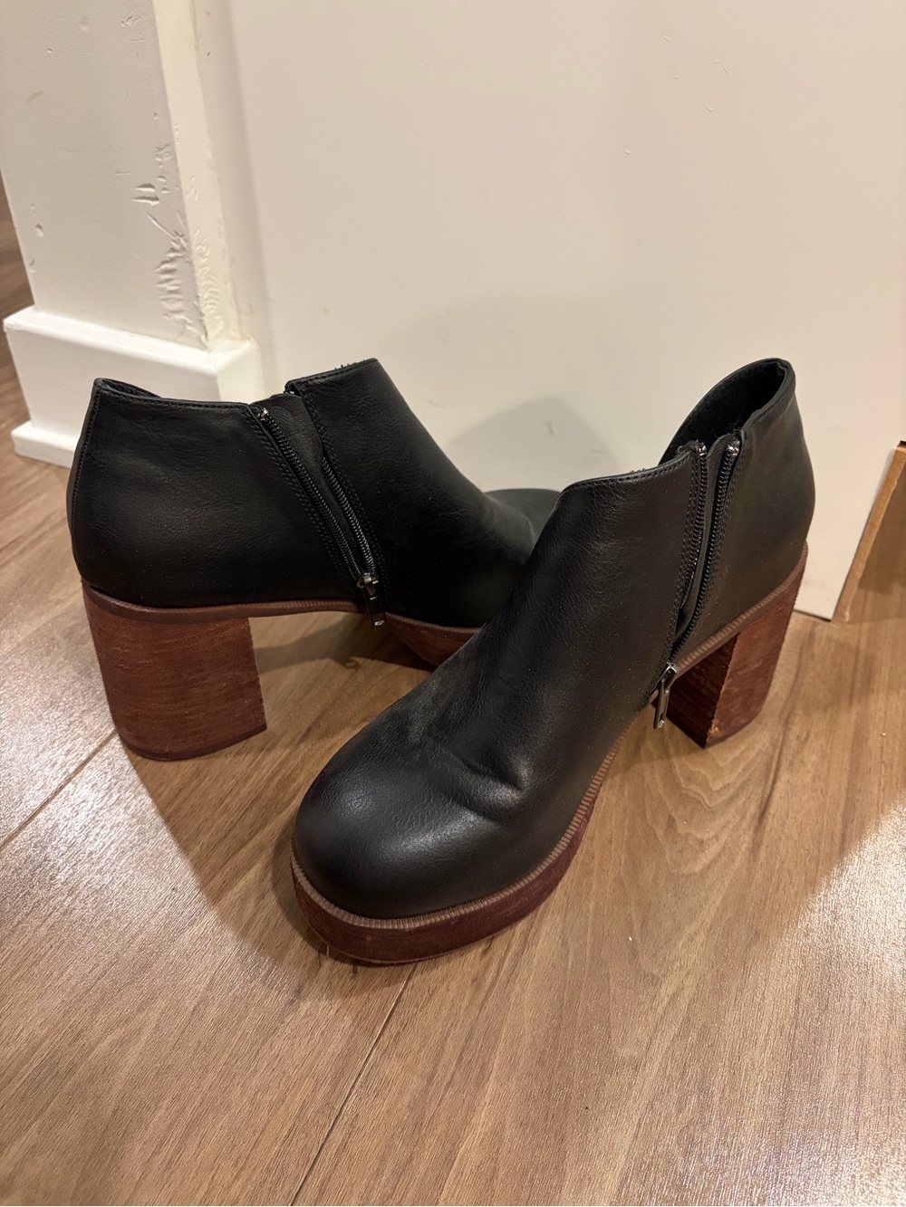Black Leather Platform Ankle Boots with Wood Block Heel